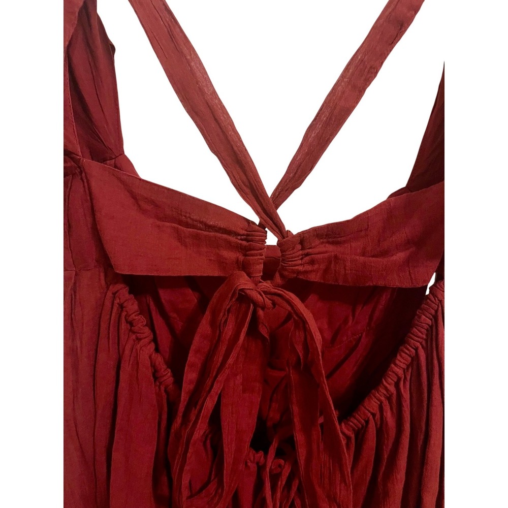 Free People Wine Red Babydoll Mini Dress Puff Sleeve Open Back L NWT 100% Cotton - Picture 6 of 10